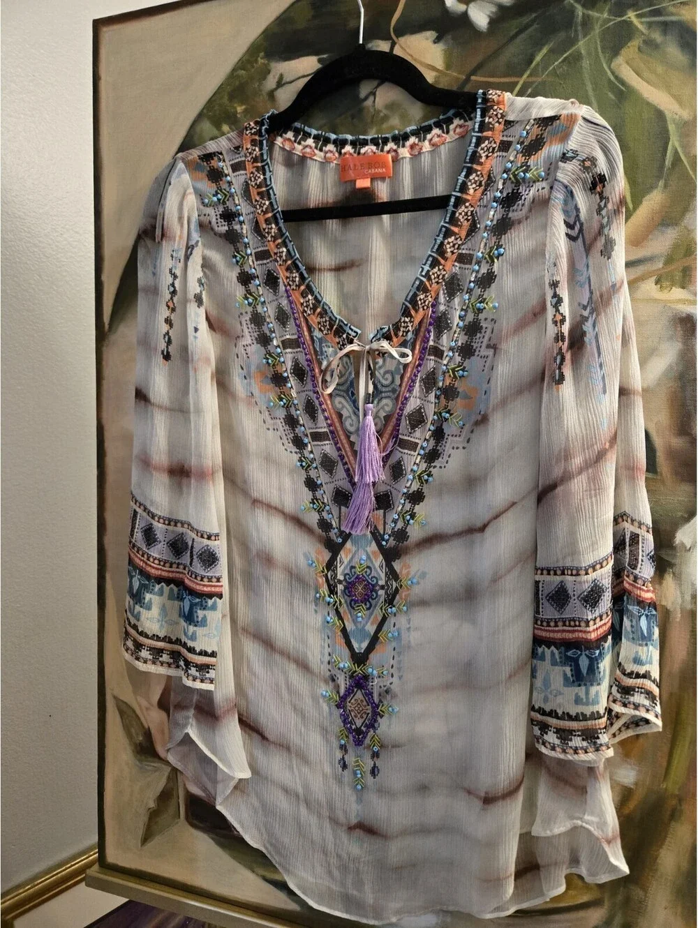 Hale Bob Women's Wearable Art Silk Crinkle Chiffon Beaded Detail Blouse Size M